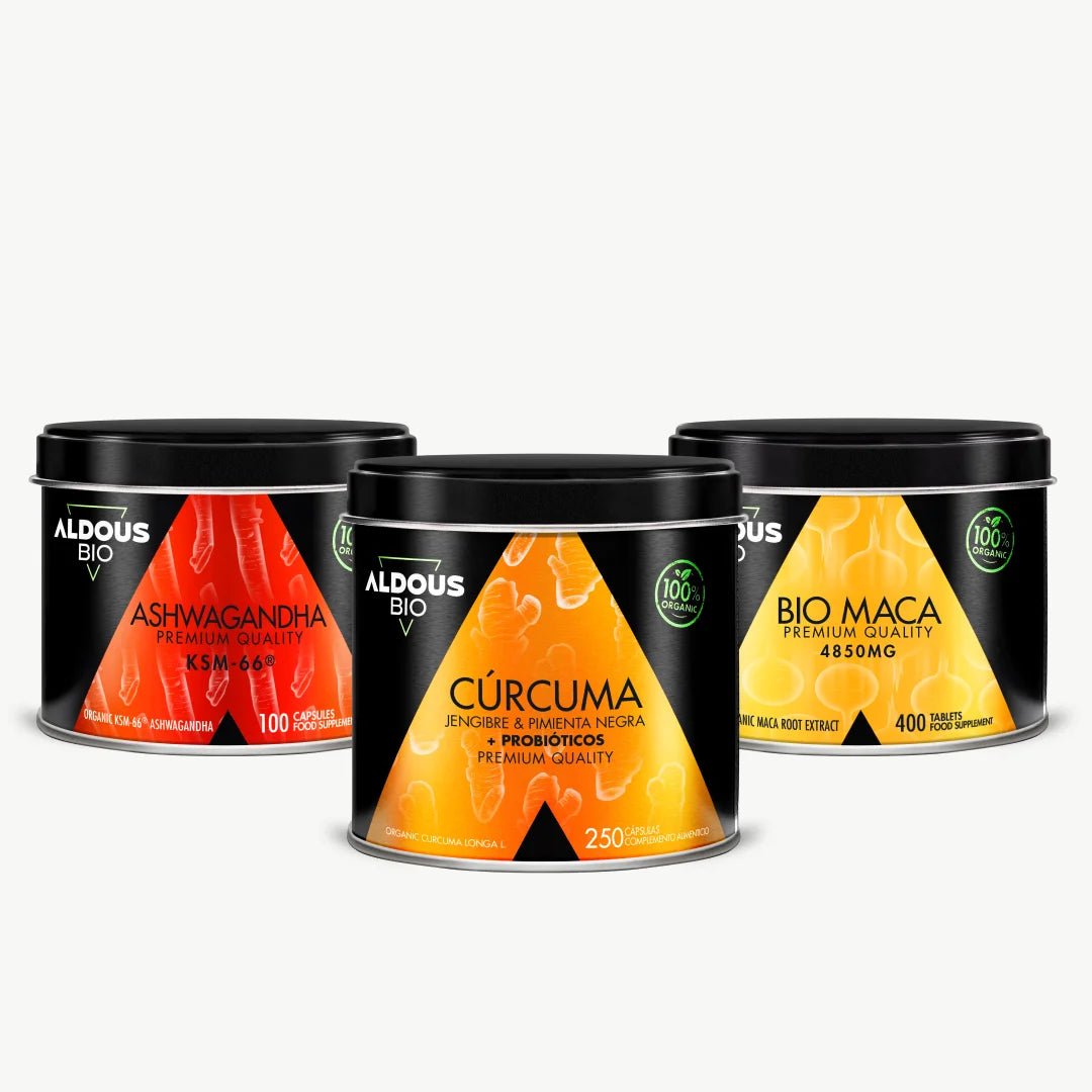 Pack Ashwagandha KSM - 66 ® Ecológica + Cúrcuma Ecológica + Maca Ecológica - Aldous - ES