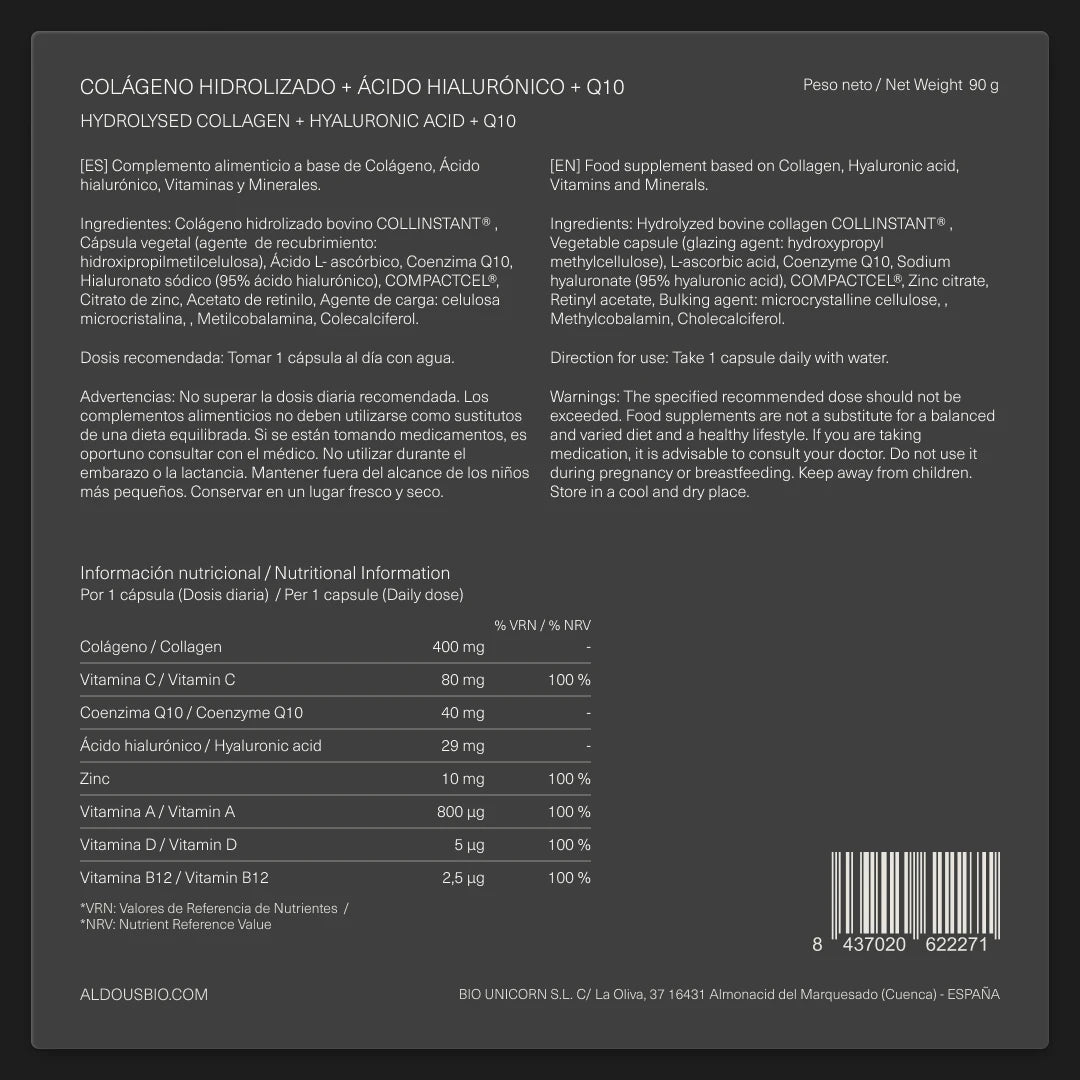 Colágeno Hidrolizado con Ácido Hialurónico, Coenzima Q10, Zinc y Vitaminas