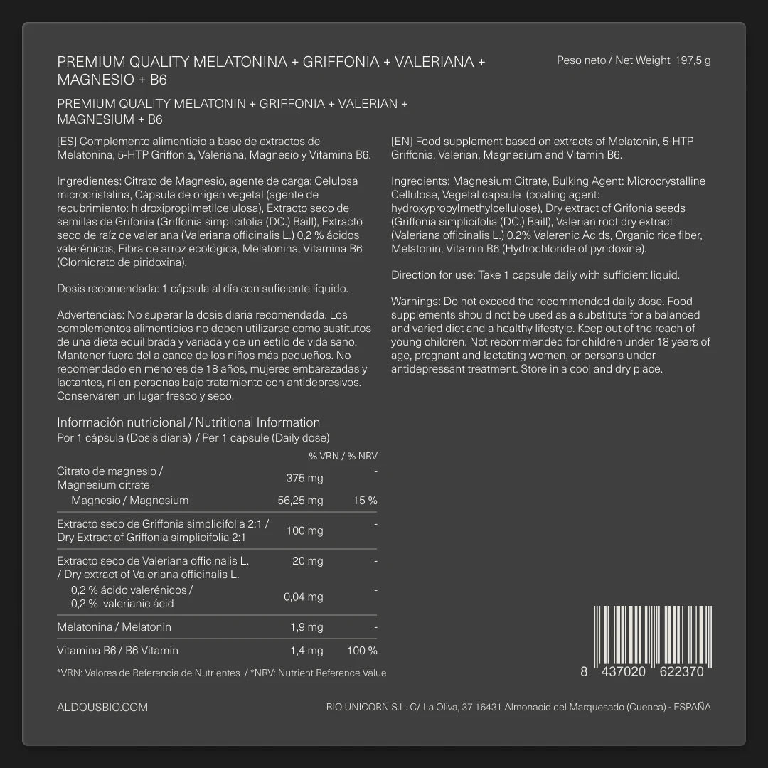 Melatonina con Magnesio, Griffonia, Valeriana y Vitamina B6