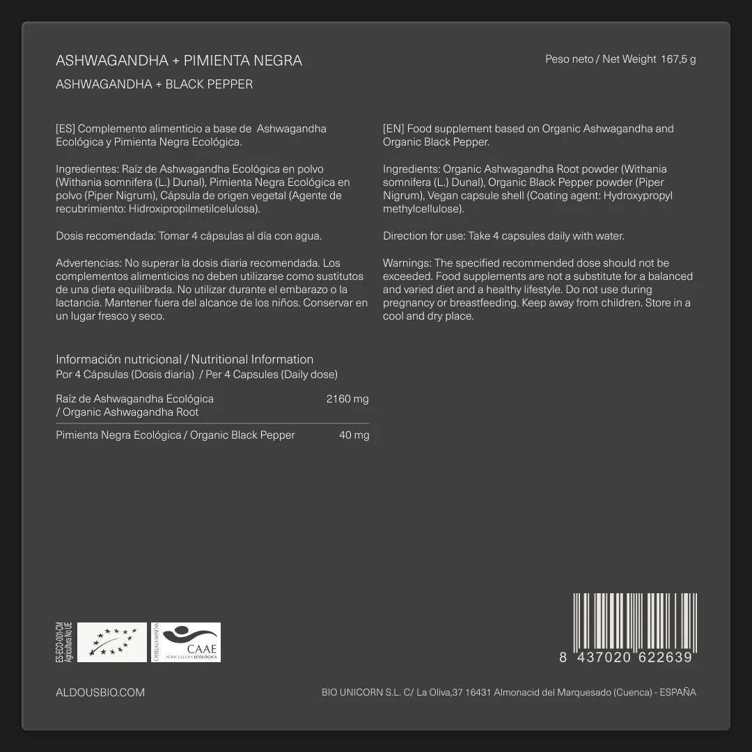 Ashwagandha con Pimienta Negra Ecológica - Aldous - ES