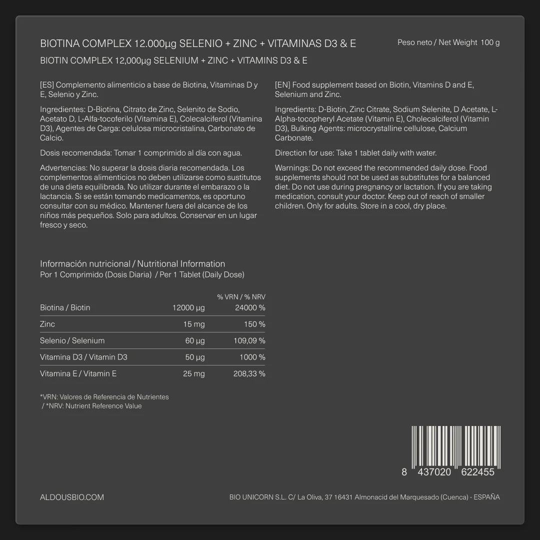 Biotina con Zinc, Selenio, Vitamina D3 y Vitamina E - Aldous - ES