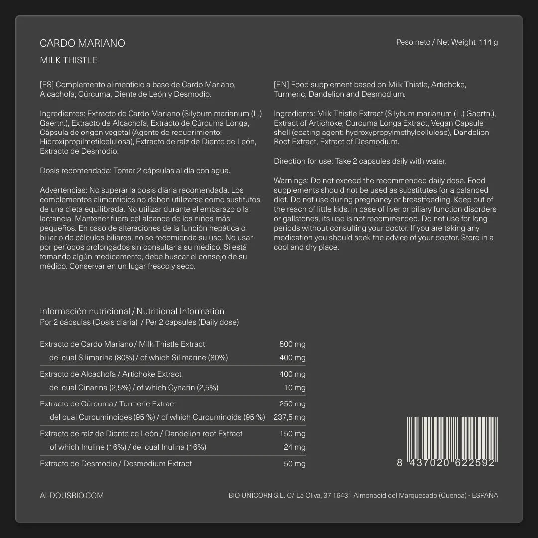 Cardo Mariano con Alcachofa, Cúrcuma, Diente de León y Desmodium - Aldous - ES