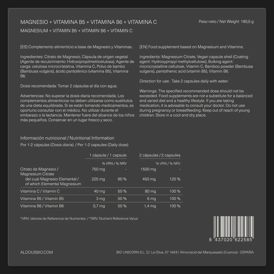 Citrato de magnesio con Vitamina C, B5 y B6 - Aldous - ES
