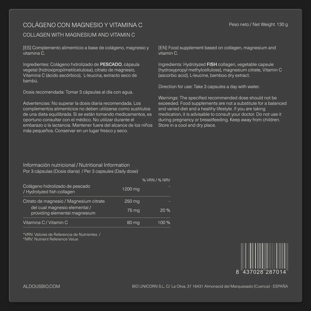 Colágeno Marino Hidrolizado con Magnesio y Vitamina C - Aldous - ES