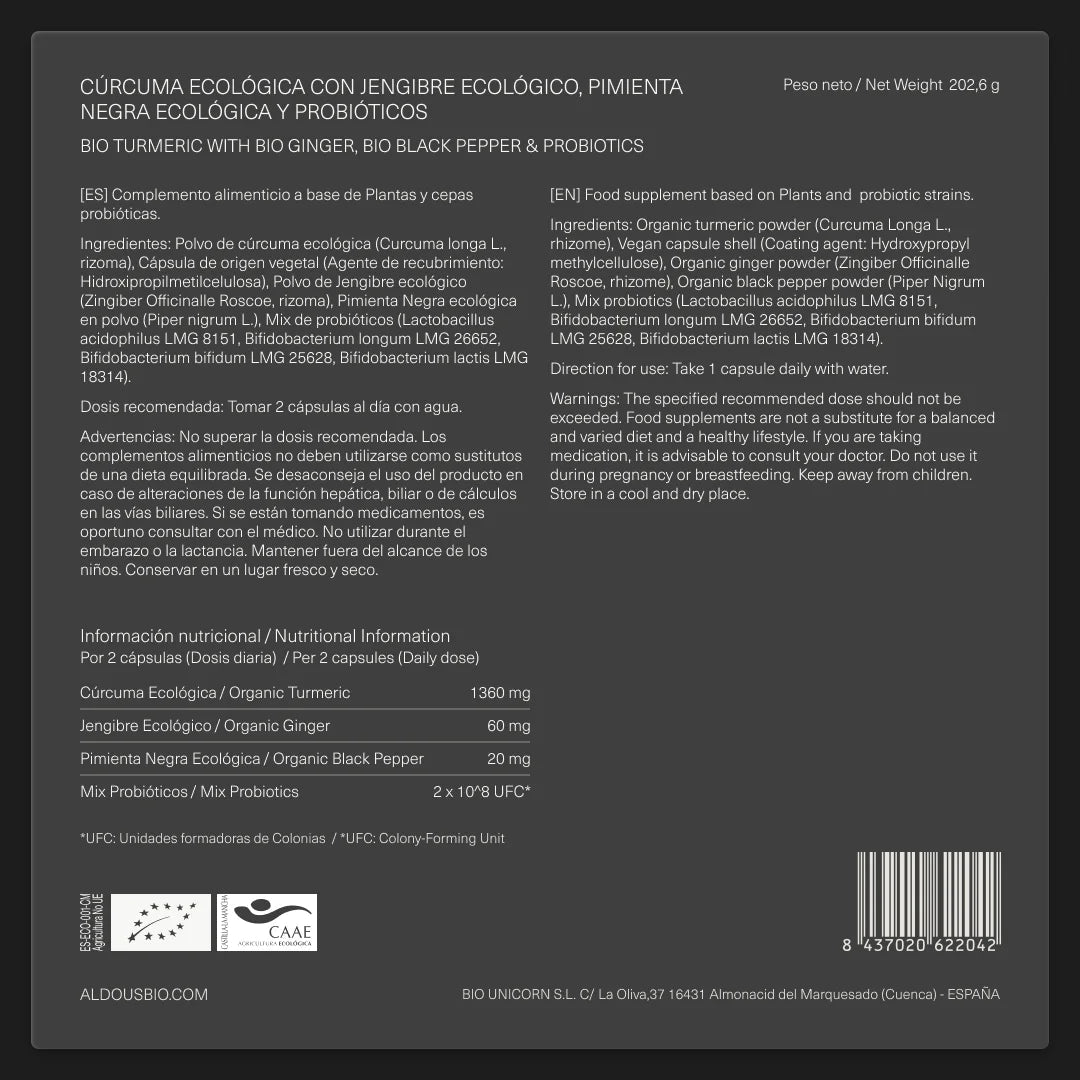 Cúrcuma Ecológica con Jengibre, Pimienta Negra y Probióticos - Aldous - ES