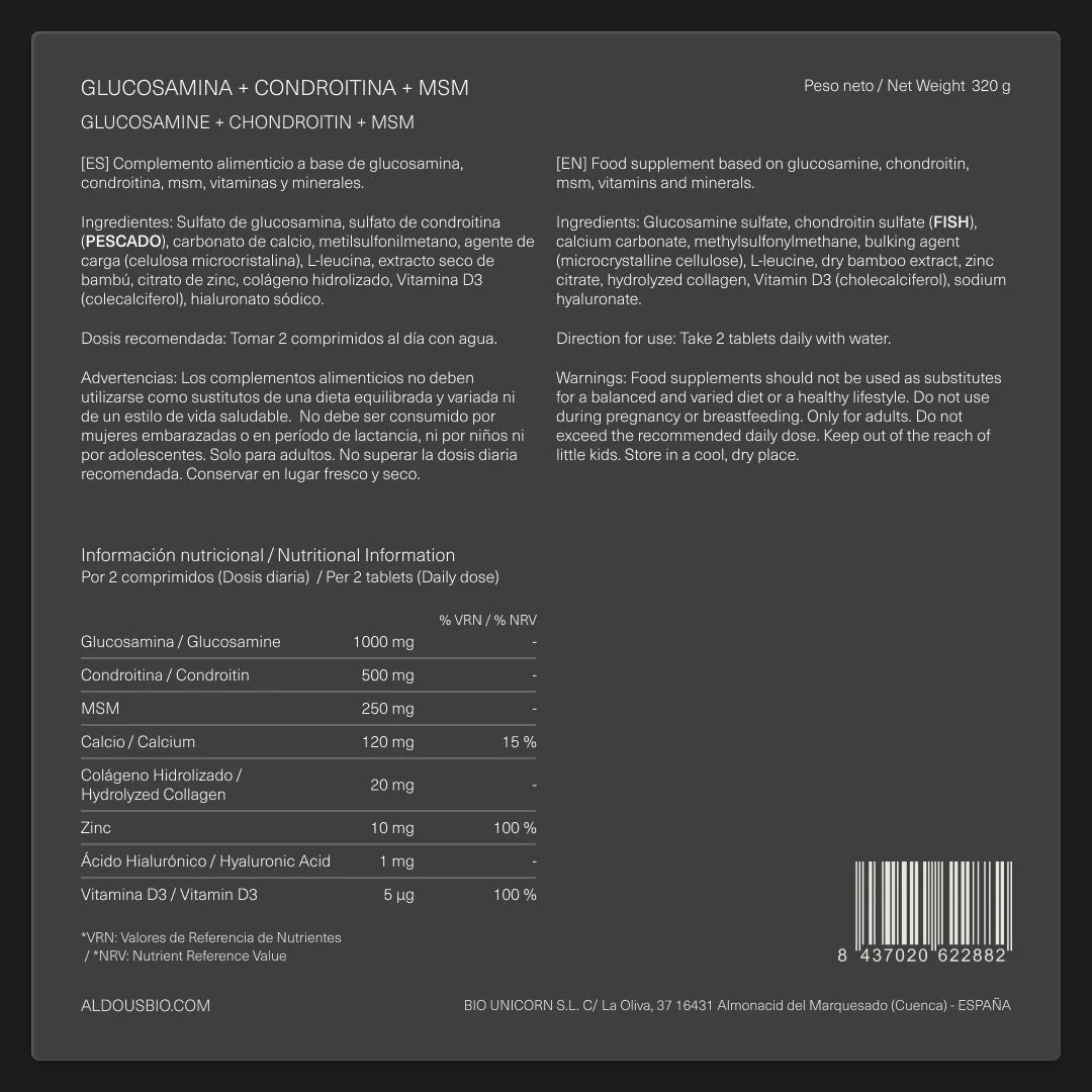 Glucosamina con Condroitina, MSM, Vitaminas y Minerales - Aldous - ES
