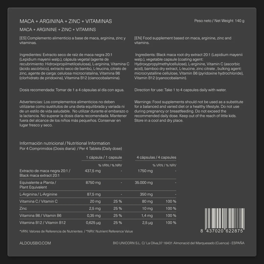Maca negra con L - Arginina, Zinc y Vitaminas - Aldous - ES