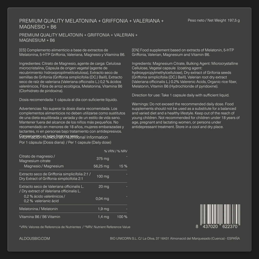 Melatonina con Magnesio, Griffonia, Valeriana y Vitamina B6 - Aldous - ES