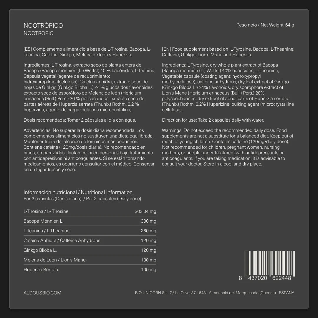 Nootrópico con Ginkgo Biloba, Melena de León, Cafeína, Bacopa, Tirosina, Teanina y Huperzia Serrata - Aldous - ES