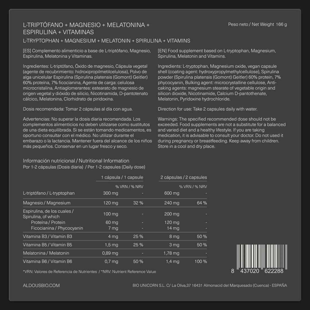 Triptófano con Melatonina, Magnesio, Espirulina y Vitaminas - Aldous - ES