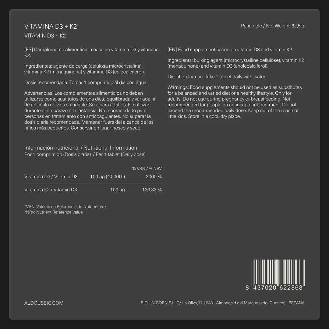 Vitamina D3 + K2 - Aldous - ES
