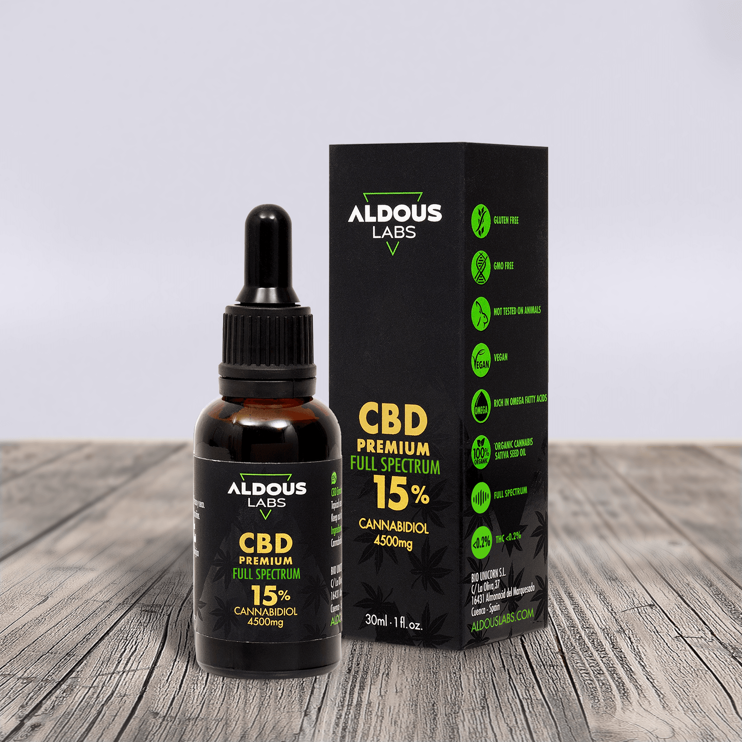 Aceite de Cáñamo Bio enriquecido con 15% CBD Full Spectrum - Aldous Bio | Productos Ecológicos Honestos, Coherentes y de Máxima Calidad
