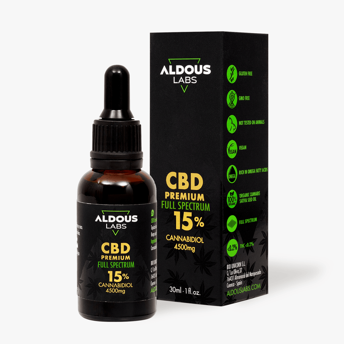 Aceite de Cáñamo Bio enriquecido con 15% CBD Full Spectrum - Aldous Bio