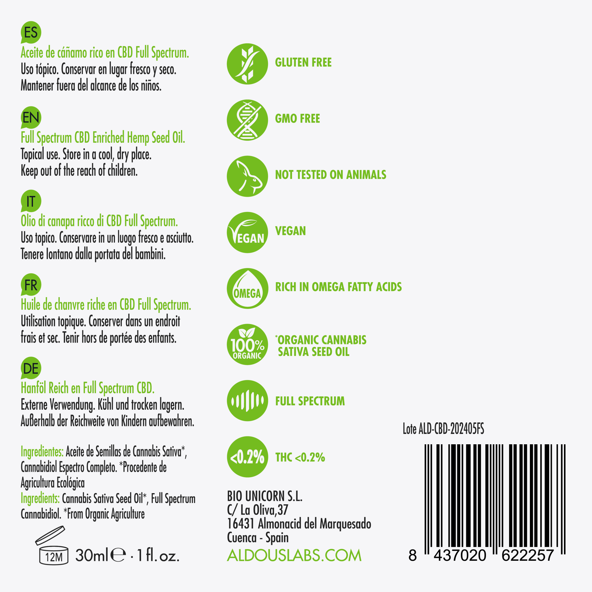 Aceite de Cáñamo Bio enriquecido con 5% CBD Full Spectrum - Aldous Bio